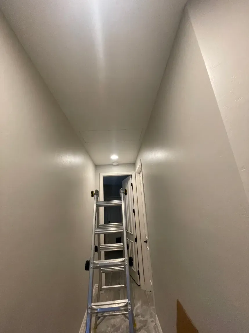 A narrow hallway with a ladder, painted light gray walls, and a closed door at the end.