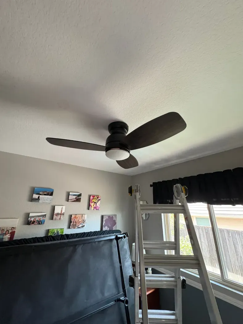 Ceiling fan with light fixture installed on a white ceiling. A ladder is positioned nearby.