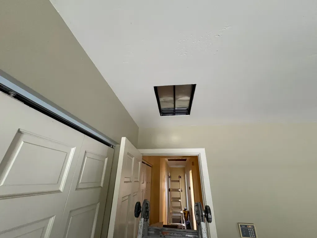 Hole in ceiling where a light fixture was located. Open doorway and closed closet door visible.