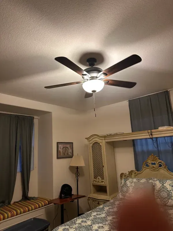 Ceiling fan with light in a bedroom, with curtains, bed, and decorative furniture.