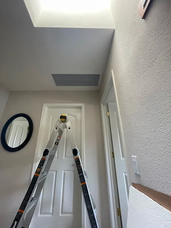 Ladder inside a hallway, reaching towards an open ceiling vent. A white door is below.