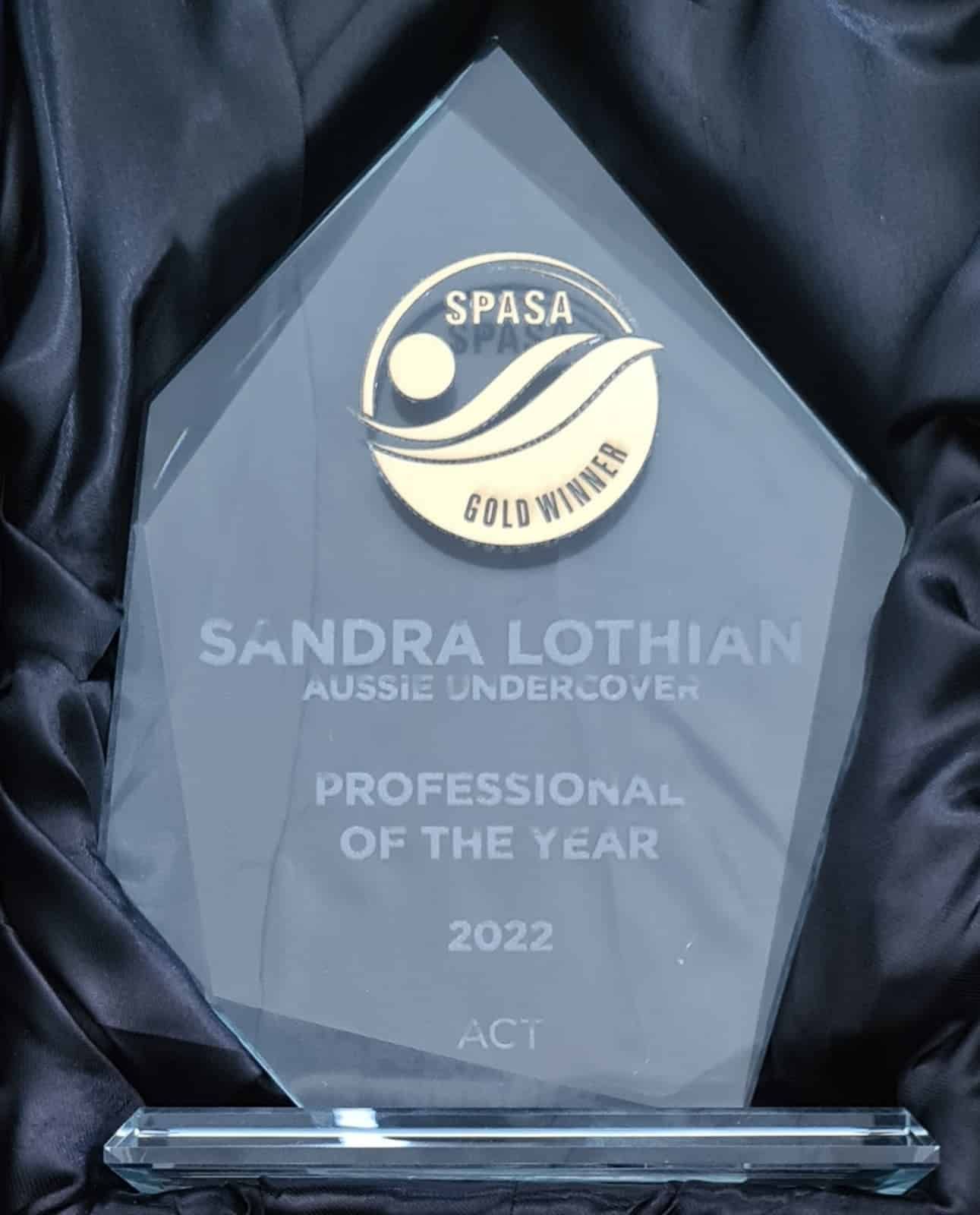A Glass Plaque That Says Sandra Lothian Professional Of The Year — Aussie UnderCover In South Nowra, NSW