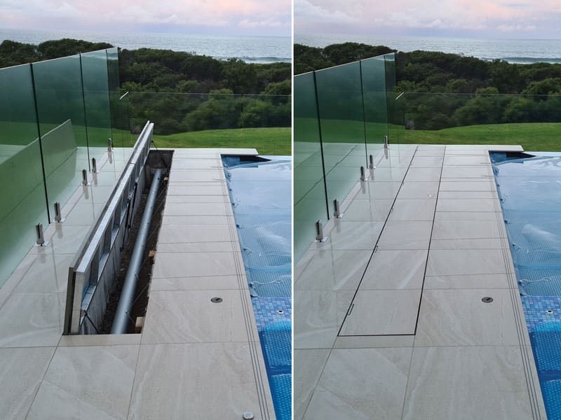 A Swimming Pool With A Glass Fence And A Tiled Deck — Aussie UnderCover In South Nowra, NSW