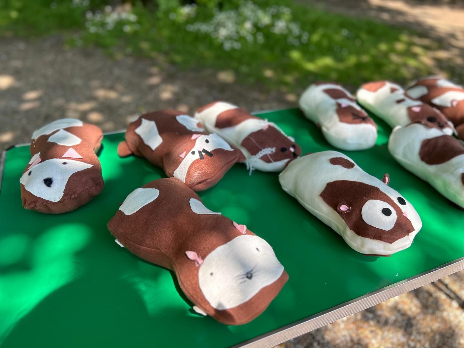 A bunch of stuffed animals are laying on a green table at Dragonfly-craft parties.