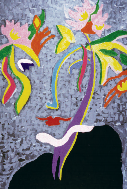 A painting of a woman 's face with flowers coming out of it