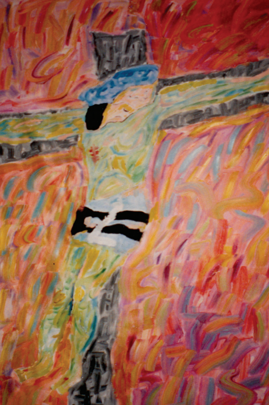 It is a painting of jesus on the cross.