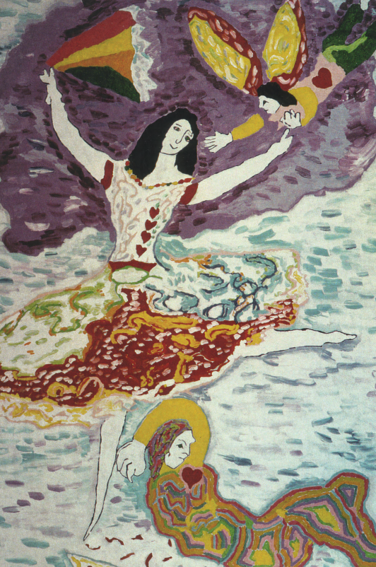 A colorful painting of a woman holding a flag