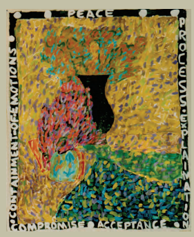 A colorful painting with the word peace on it