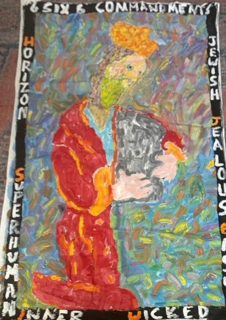 A painting of a man holding a book that says wicked on it