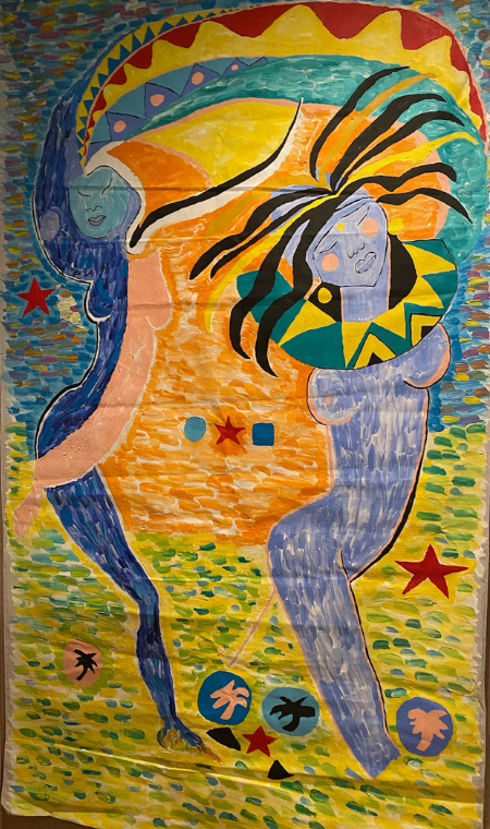A colorful painting of a woman holding a child in her arms.