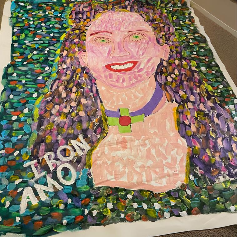 A painting of a woman with the words i ron amo written on it