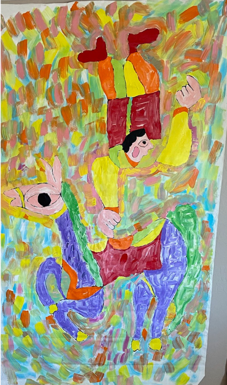 A colorful painting of a man riding a horse.