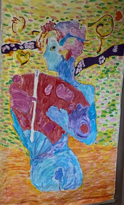 A painting of a person holding a book and a flute.