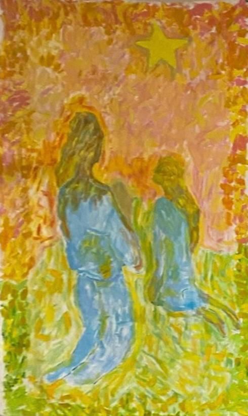 A painting of two women standing next to each other in a field.