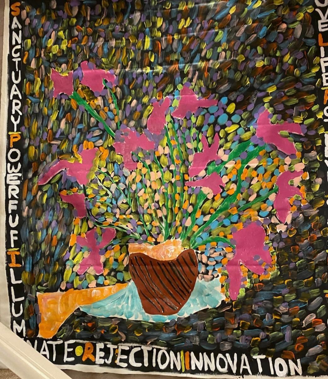 A painting of a potted plant with the words 