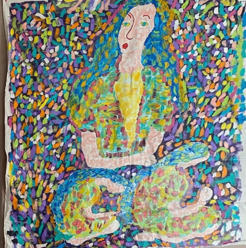 A colorful painting of a woman with blue hair