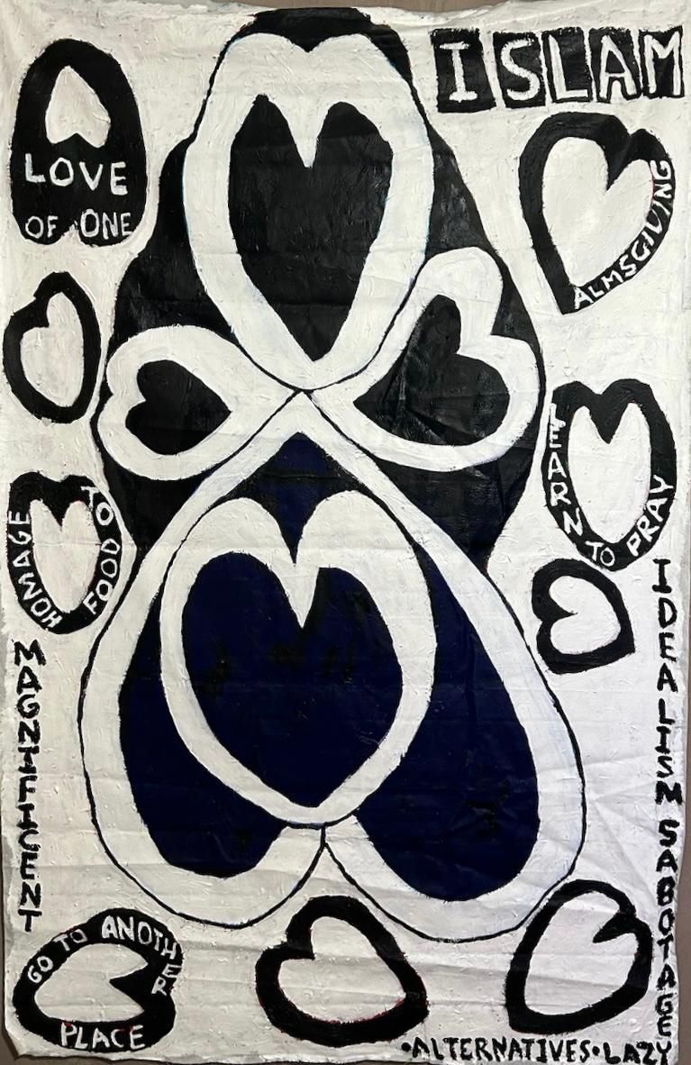 A black and white painting of hearts with the words `` i am islam '' written on it.