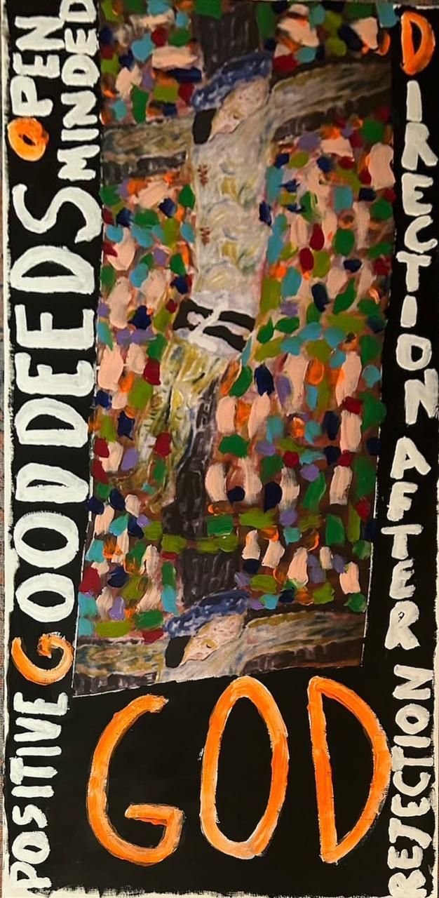 A painting with the word god on it