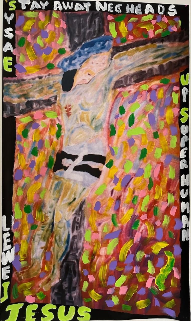 A colorful painting of jesus on the cross