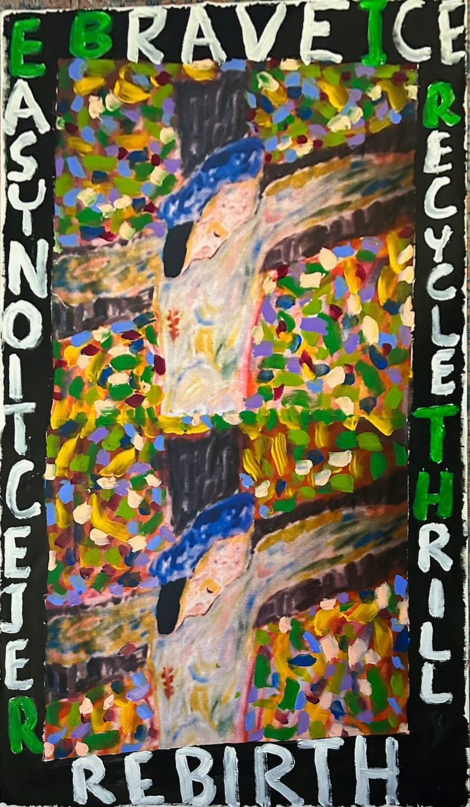 A painting of a waterfall with the words