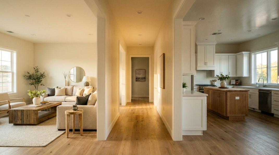 Bright open-plan living room and kitchen with white cabinets, wood floors, and a hallway in the center