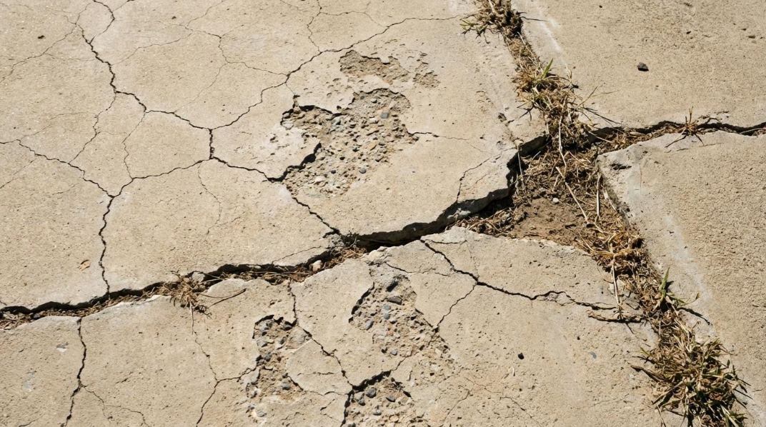 Cracked dry concrete pavement with a large diagonal split and crumbling edges