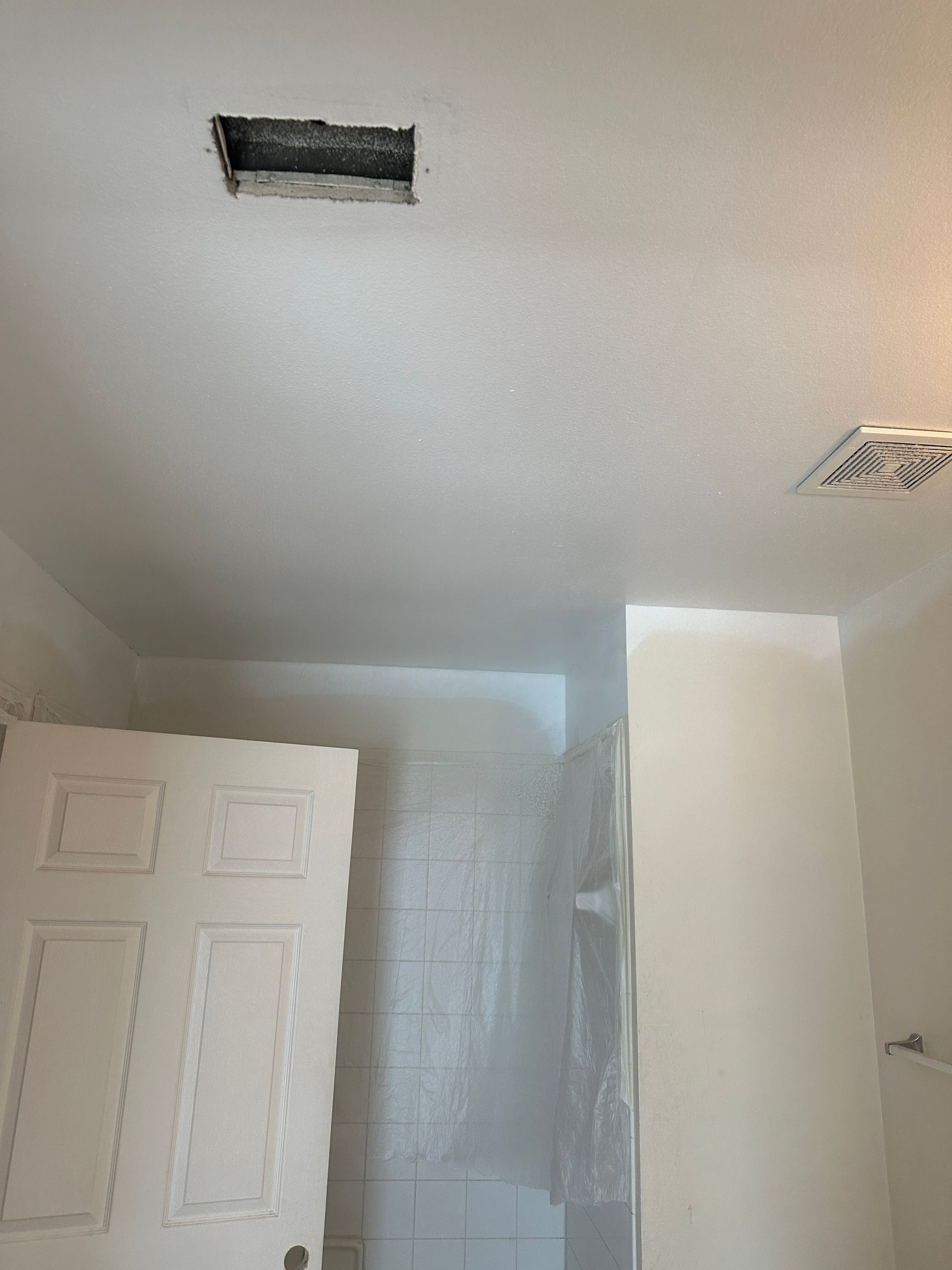 A bathroom with a hole in the ceiling and a door.