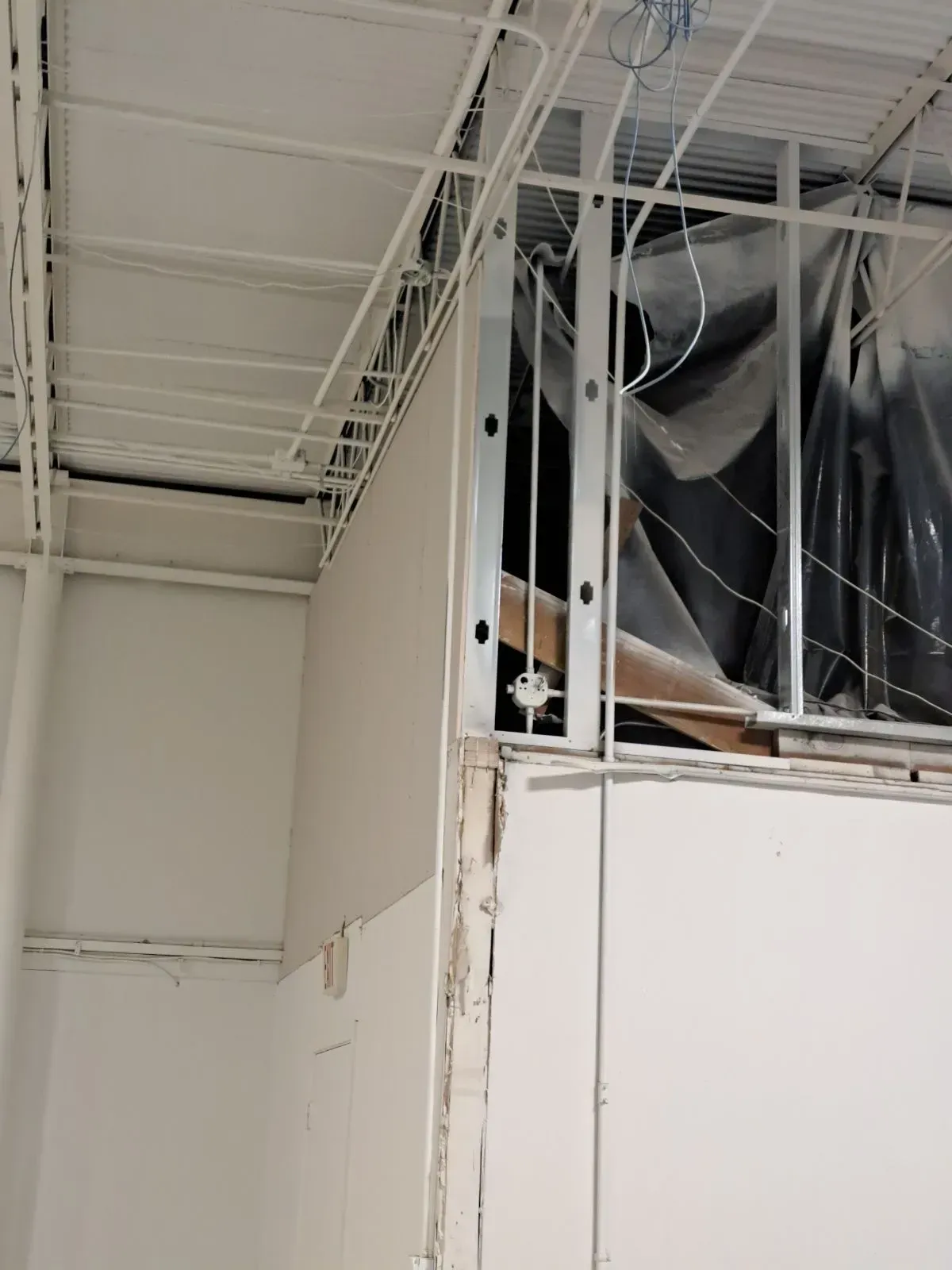 A man in a green shirt is standing in an empty room with a ladder.