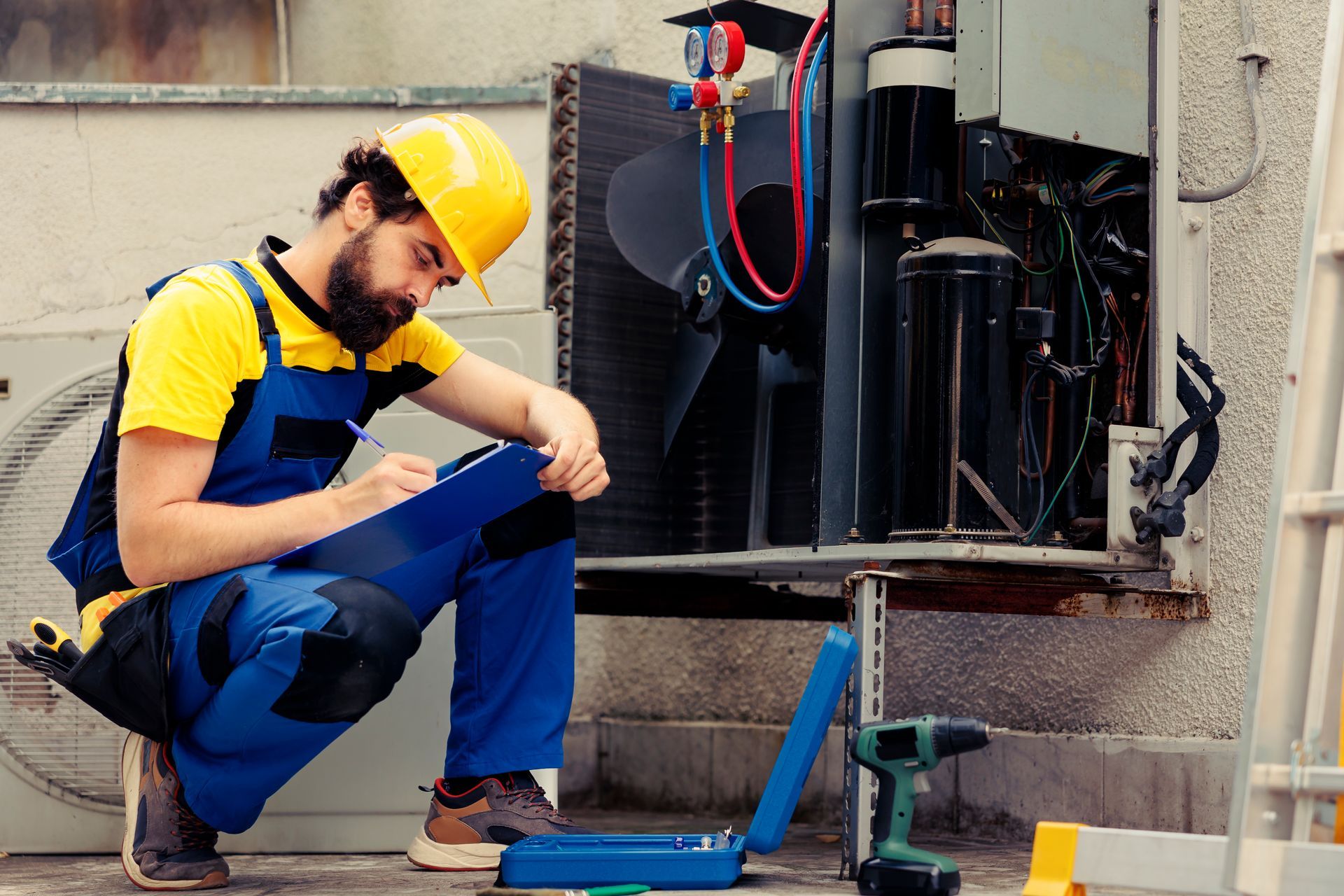 A HVAC technician wearing a yellow hard hat and blue overalls taking notes on a clipboard