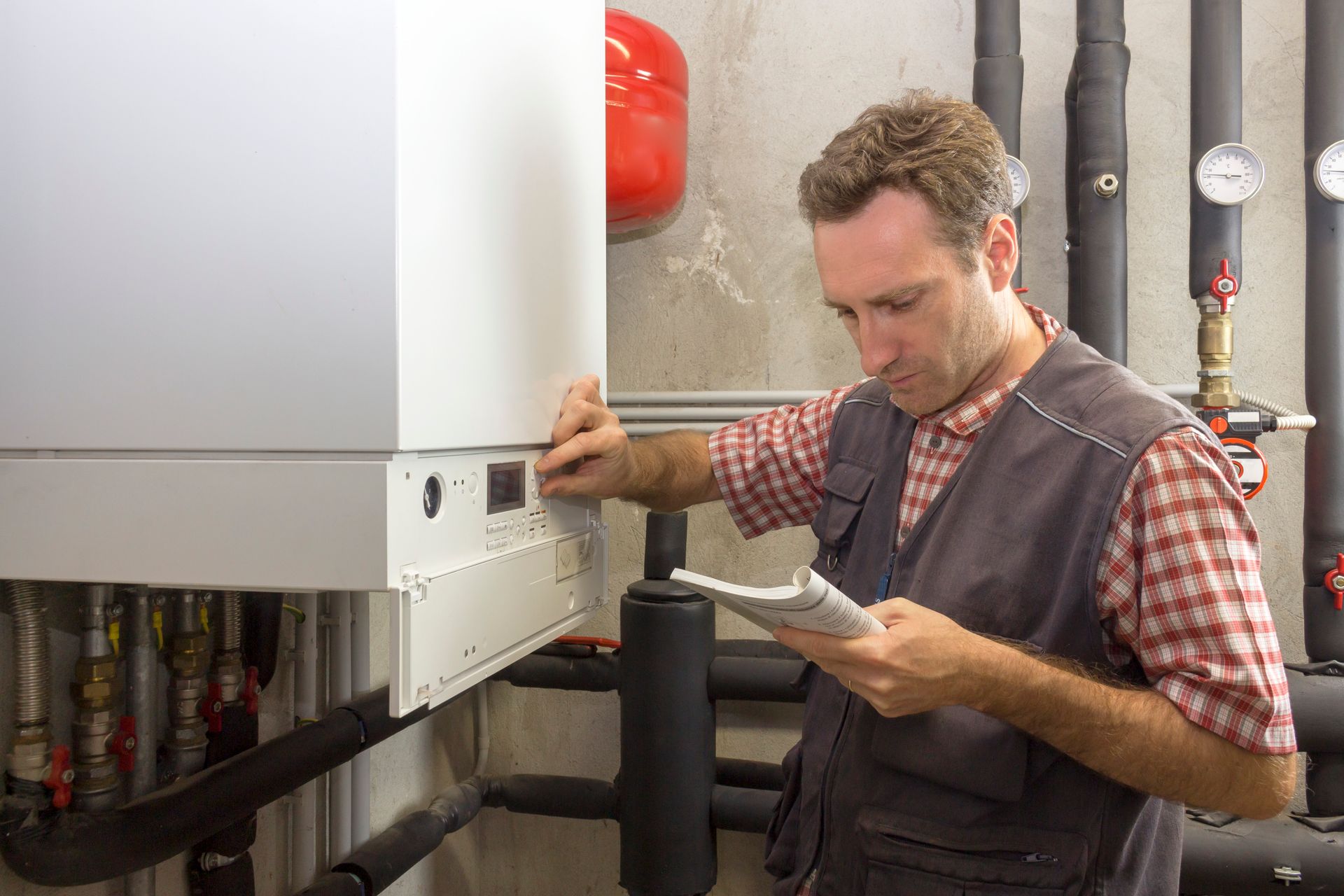 A man is working on a boiler in a boiler room while reading a book.