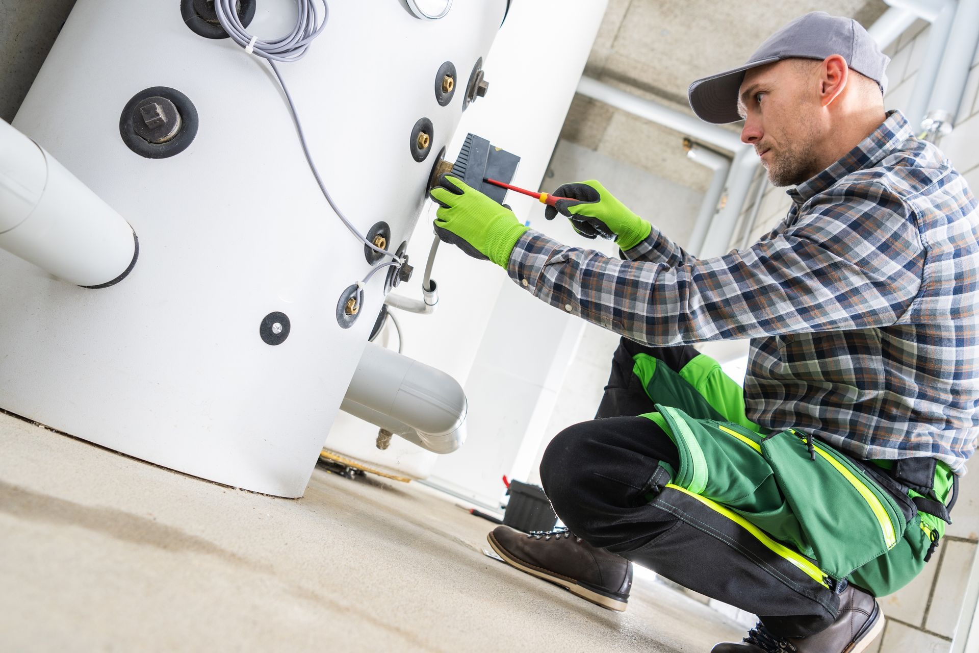 A man is working on a boiler with a screwdriver.
