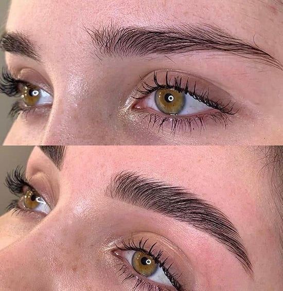 A before and after picture of a woman 's eyebrows.