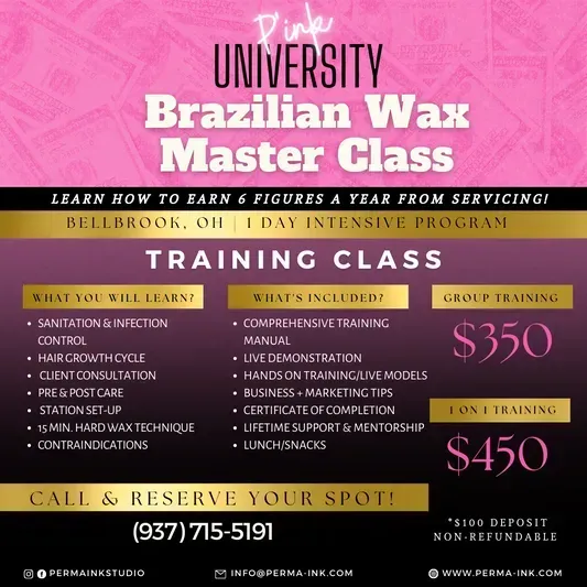 A poster for a pink university brazilian wax master class