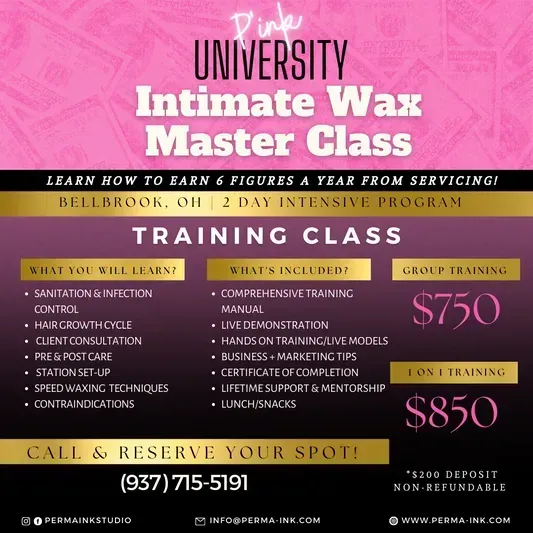 A poster for a pink university intimate wax master class
