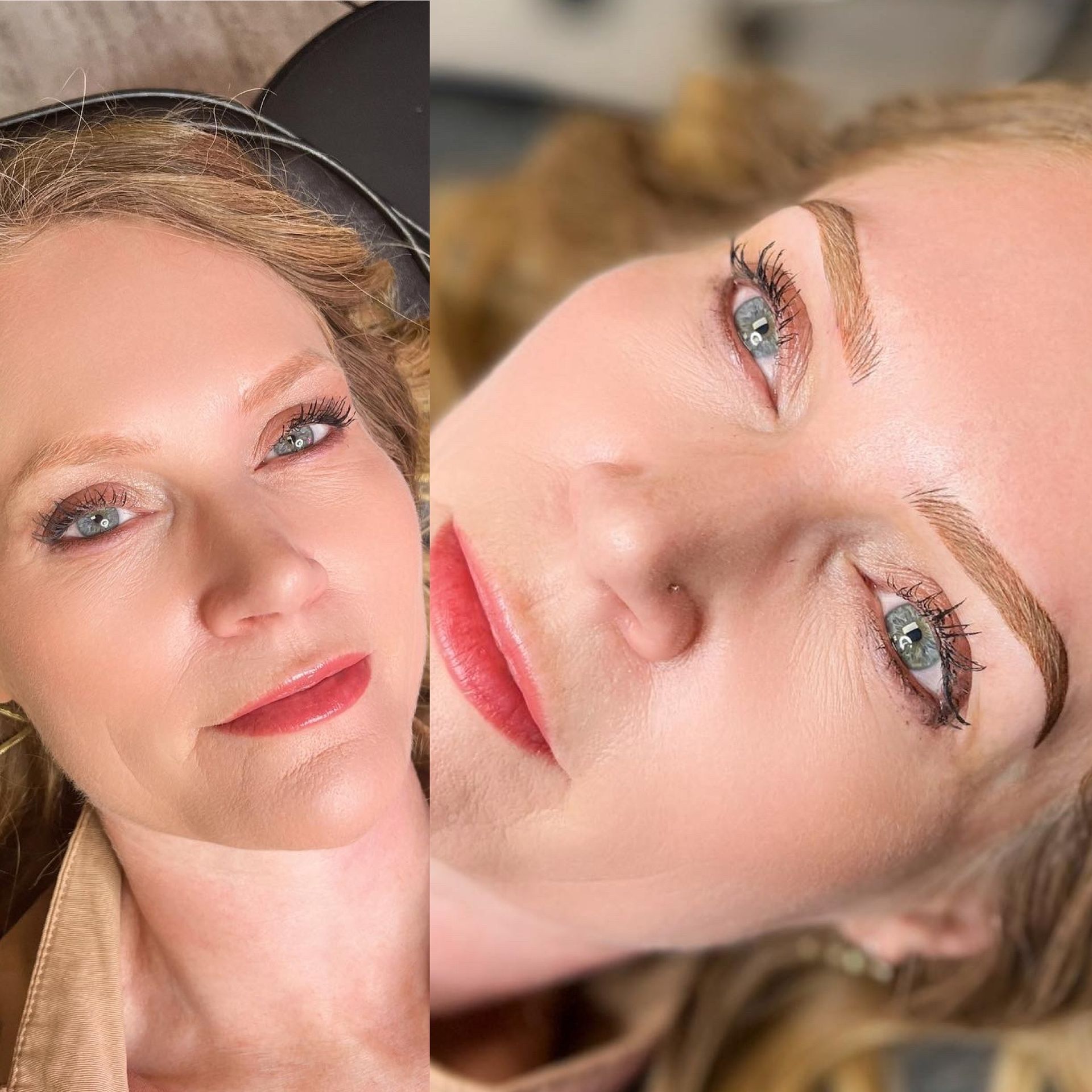 A close up of a woman 's face with blue eyes and red lips.