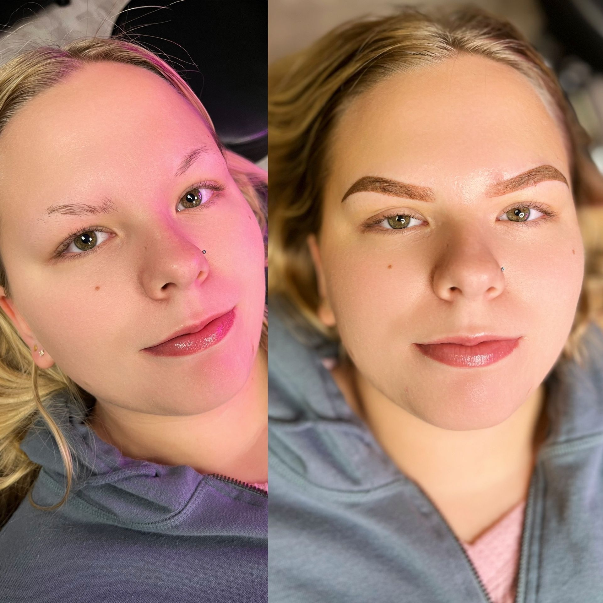 A before and after picture of a woman 's eyebrows.