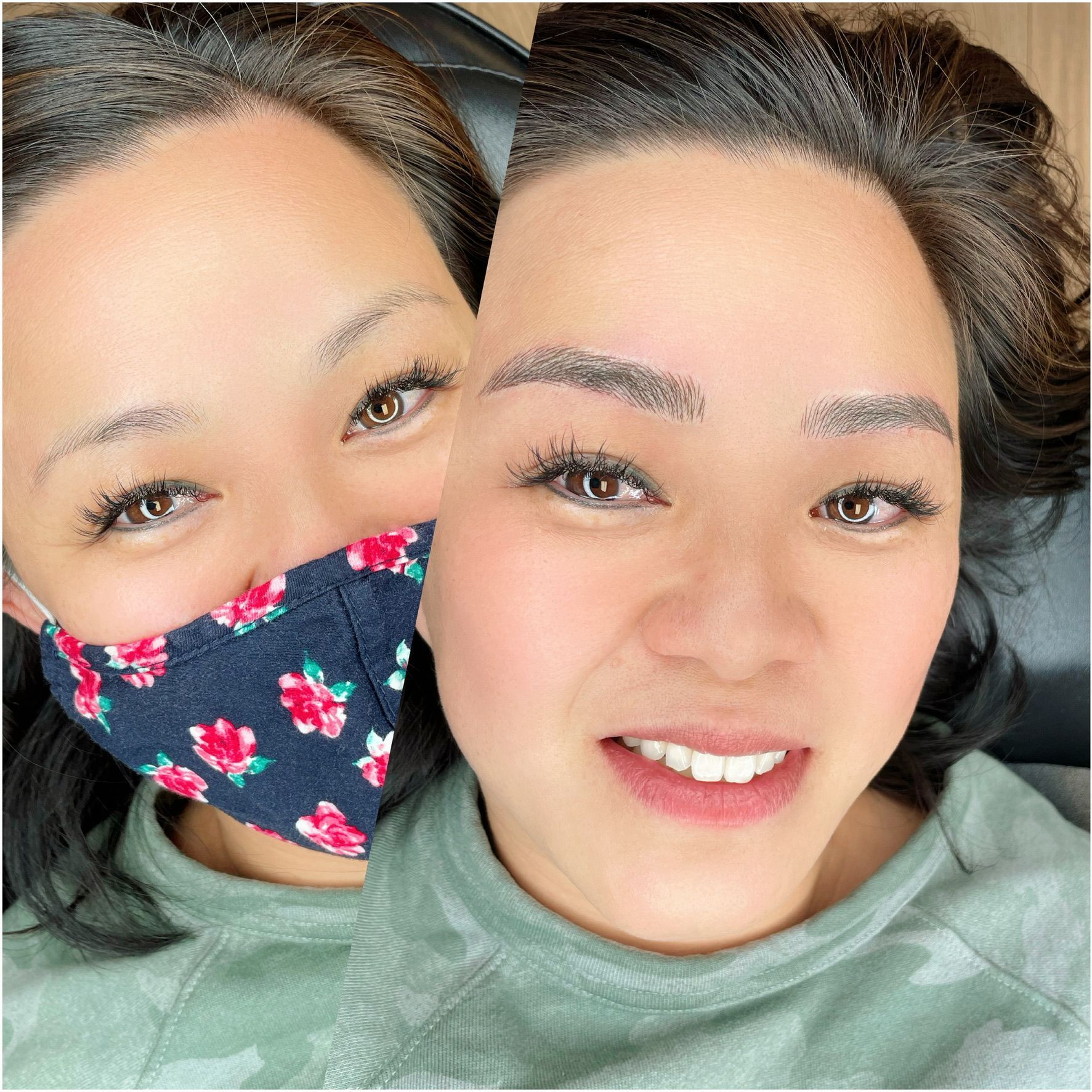 A woman wearing a mask is smiling and looking at the camera.