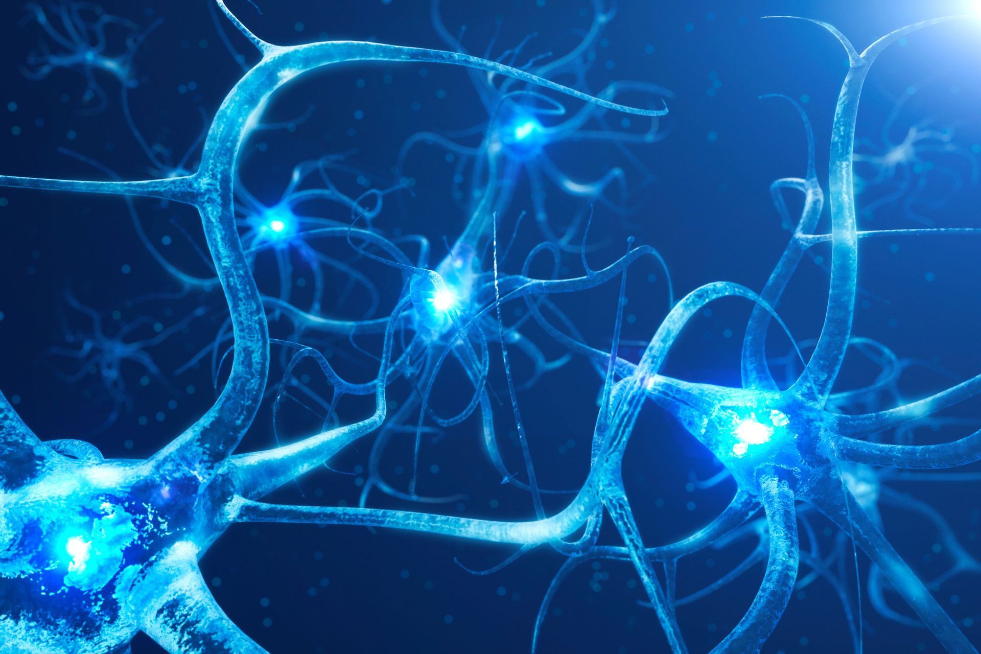 Blue glowing neural network with connected neuron-like strands on a dark background