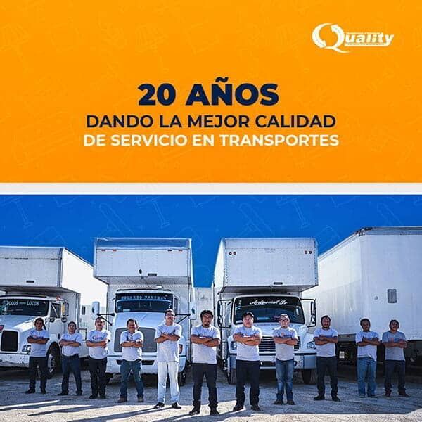 A group of men standing in front of a row of trucks with the words 20 anos dando la mejor calidad de servicio en transportes