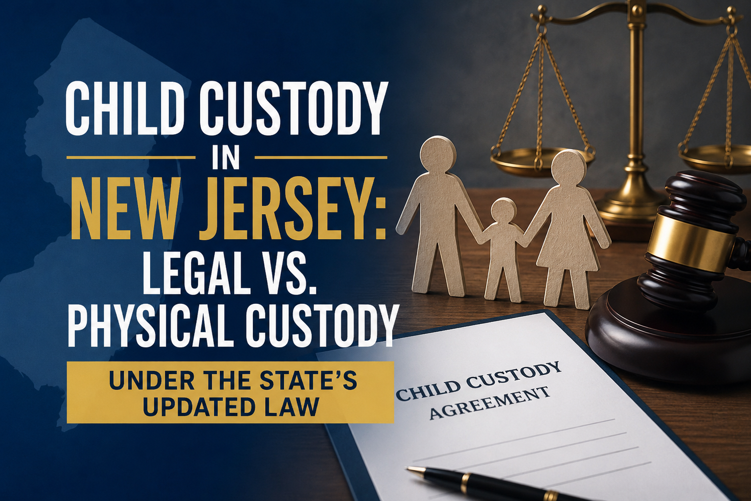 Child custody in New Jersey: legal vs. physical custody, with scales and custody agreement on a dark desk