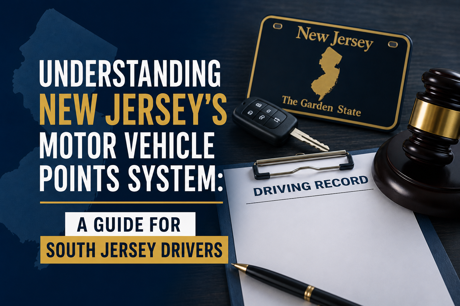 Graphic about understanding New Jersey motor vehicle points system for South Jersey drivers, with license, gavel, and pen