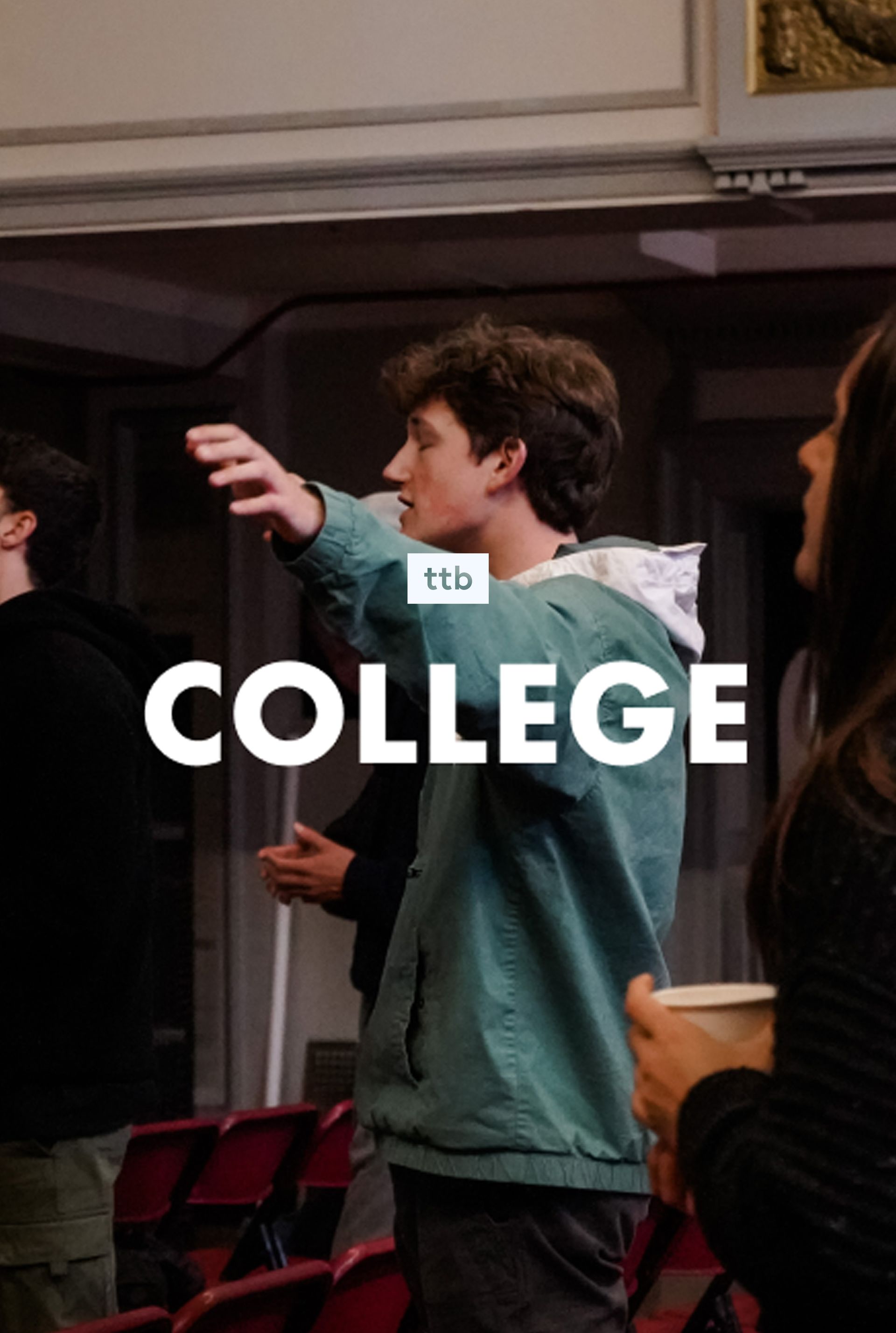 a group of people standing in front of a sign that says college