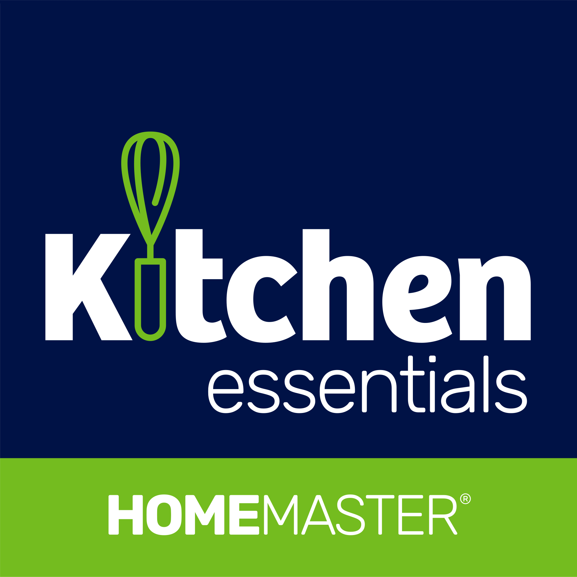 A kitchen essentials logo with a whisk on a blue background.