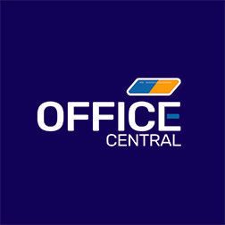 The logo for office central is on a blue background.