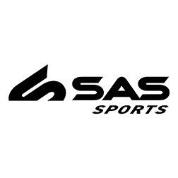 A black and white logo for sas sports on a white background.