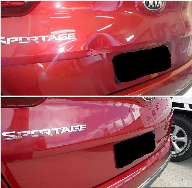 Red Kia Sportage Rear Bumper Dent Repair — Moto Bodyworks in Fyshwick, ACT