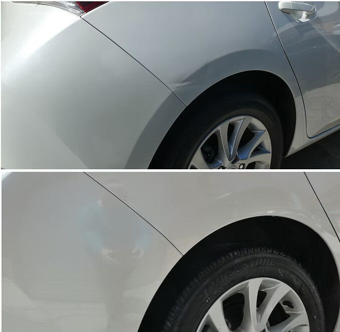 Top: a Dent on a Silver Car Rear Quarter Panel. Bottom: the Dented Panel is Repaired — Moto Bodyworks in Fyshwick, ACT