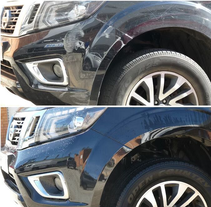 Two Images of a Black Car Showing Before and After Repairs — Moto Bodyworks in Fyshwick, ACT