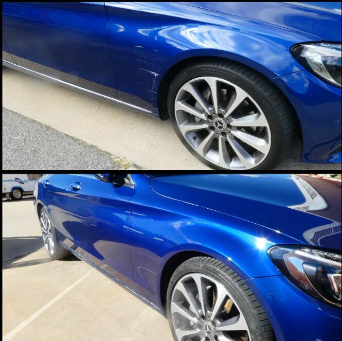 Top: Damaged Blue Mercedes. Bottom: Repaired Blue Mercedes — Moto Bodyworks in Fyshwick, ACT