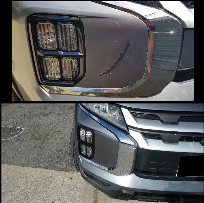 Two Car Bumper Views: Top Shows Damage, Bottom Shows Repaired Grey Bumper and Headlights — Moto Bodyworks in Fyshwick, ACT